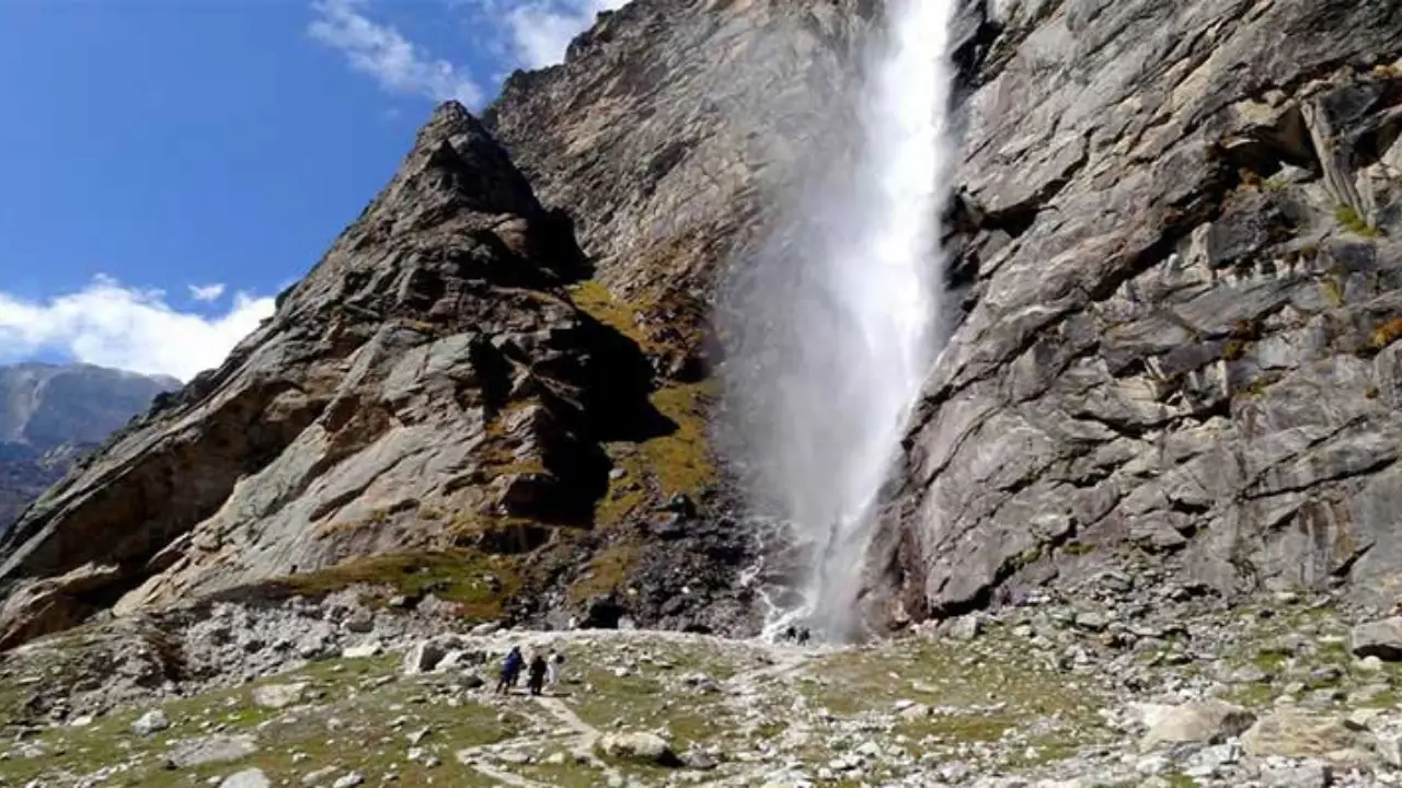 The view of a beautiful waterfall known as Vasudhara Falls this is also located near Badrinath temple